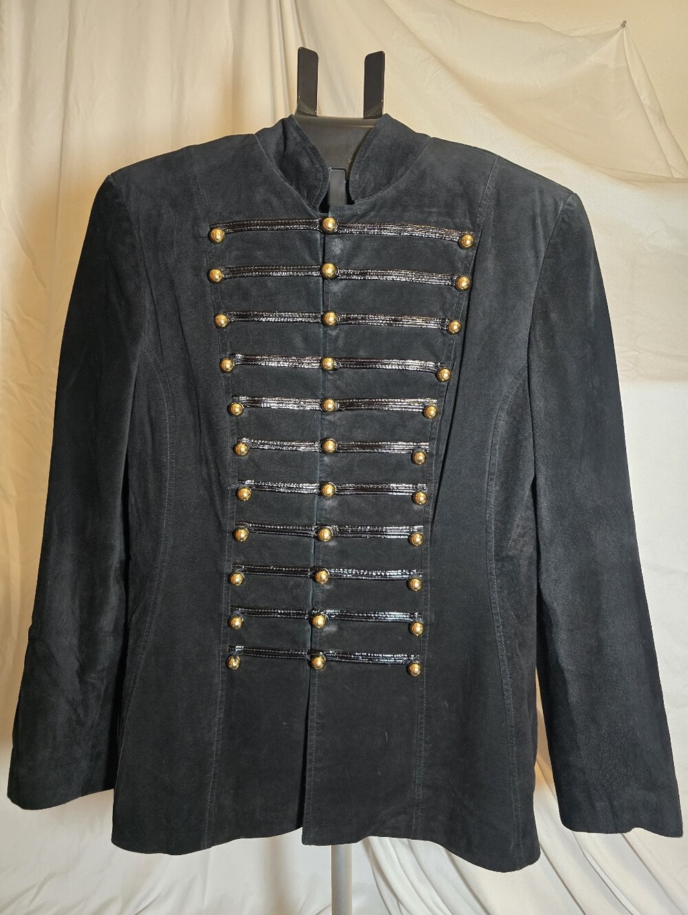 Vintage Saks Fifth Avenue Suede Black Military-Style Jacket with Gold Buttons